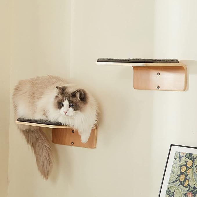 2 Set Cat Wall Steps - Wooden Cat Climbing Shelf for Wall - Cat Wall Stairs with Scratching Mat - Wall Mounted Cat Furniture for Jumping, Playing, and Lounging