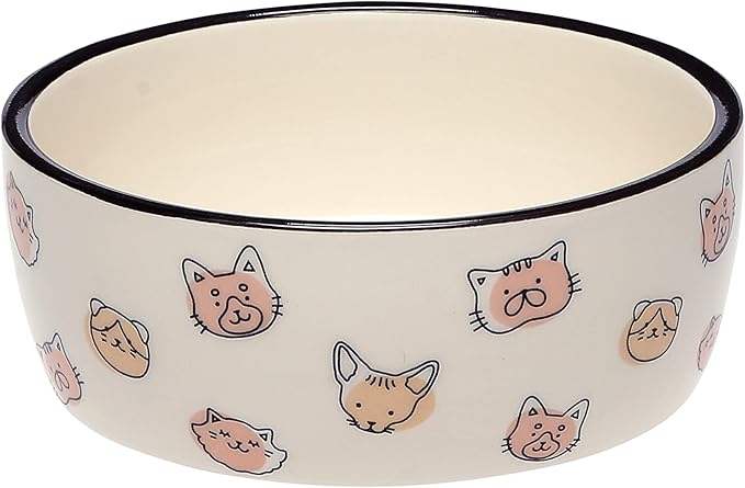 Pearhead Cat Faces Pattern Ceramic Pet Bowl, Holds 2 Cups, Medium Water and Food Dish, Microwave and Dishwasher Safe