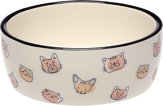 Pearhead Cat Faces Pattern Ceramic Pet Bowl, Holds 2 Cups, Medium Water and Food Dish, Microwave and Dishwasher Safe