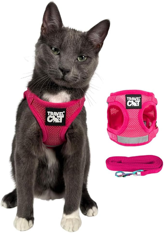Travel Cat The Purrfectly Pink Harness & Leash Set - Adjustable Fit Mesh Cat Harness with Reflective Strap - Escape-Proof Harness for Cats, Kittens for Outdoor Walking, Hiking (Medium)