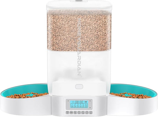 HoneyGuaridan Automatic Cat Feeder for Two Cats,3.5L Cat Food Dispenser with Slow Bowl,Timed Feeder Programmable 1-6 Meals Control, Dual Power Supply,Desiccant Bag,10s Meal Call White