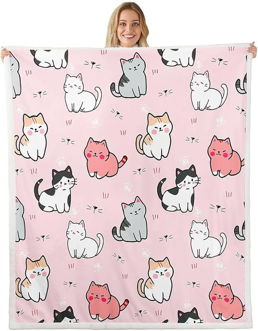 Erosebridal Cartoon Cat Sherpa Blanket,Cute Kitten Print Blanket for Kids Boys Girls Toddler Cat Lover,Cat Paw Print Throw Blanket for Bed Sofa Couch,Kawaii Pet Theme Plush Blanket Pink Baby 30"x40"