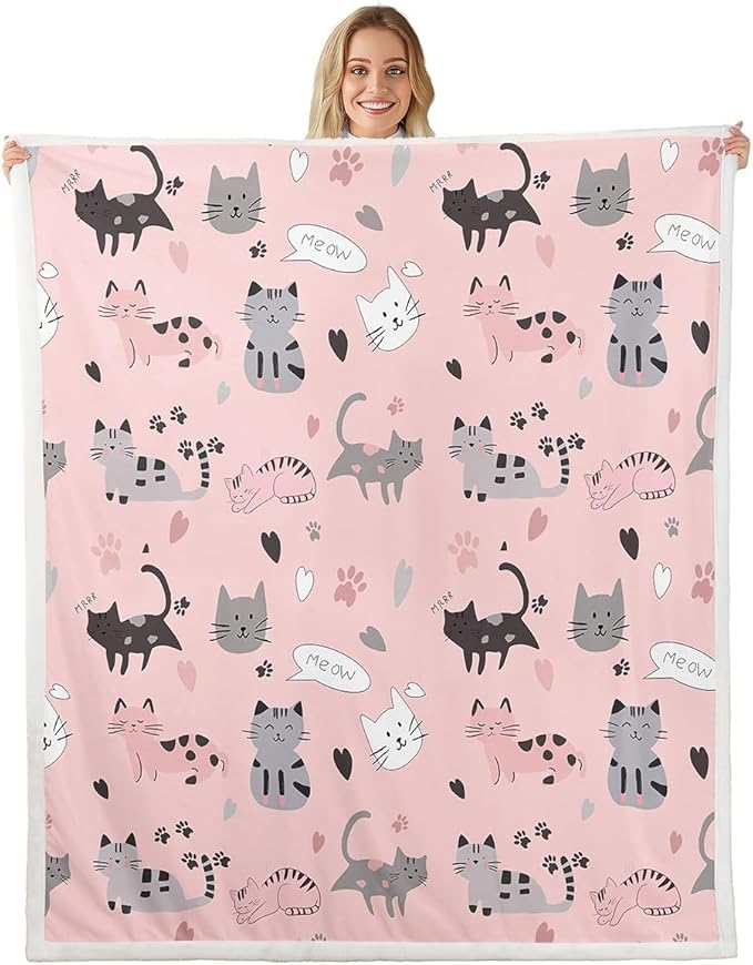 Pink Cat Fleece Blanket for Girls Gray Black Cats Sherpa Blanket for Kids Boys Cute Paw Print Blanket Queen Size Kawaii Hearts Throw Blanket for Sofa Kitten Meow Printed Flannel Blanket Lightweight