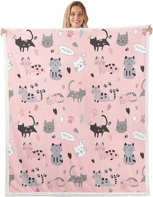 Pink Cat Fleece Blanket for Girls Gray Black Cats Sherpa Blanket for Kids Boys Cute Paw Print Blanket Queen Size Kawaii Hearts Throw Blanket for Sofa Kitten Meow Printed Flannel Blanket Lightweight