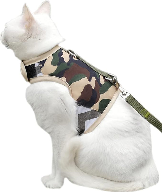 Cat Harness and Leash Set for Walking Escape Proof, Adjustable Cat Vest Harness, Padded Stylish Cat Walking Jackets, Camo Green, Medium