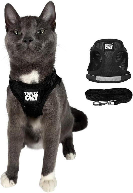 Travel Cat Harness and Leash Set - Adjustable Fit Mesh Cat Harness and Reflective Strap - Comfort Escape Proof Harness for Cats, Kitten for Outdoor Walking, Hiking (Medium, Black)