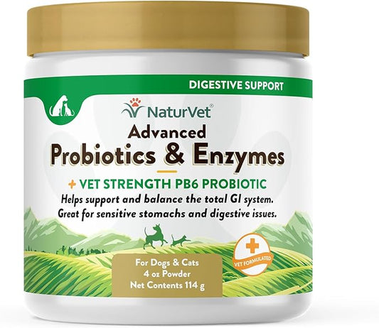NaturVet – Advanced Probiotics & Enzymes - Plus Vet Strength PB6 Probiotic | Supports and Balances Pets with Sensitive Stomachs & Digestive Issues | for Dogs & Cats (4 oz)