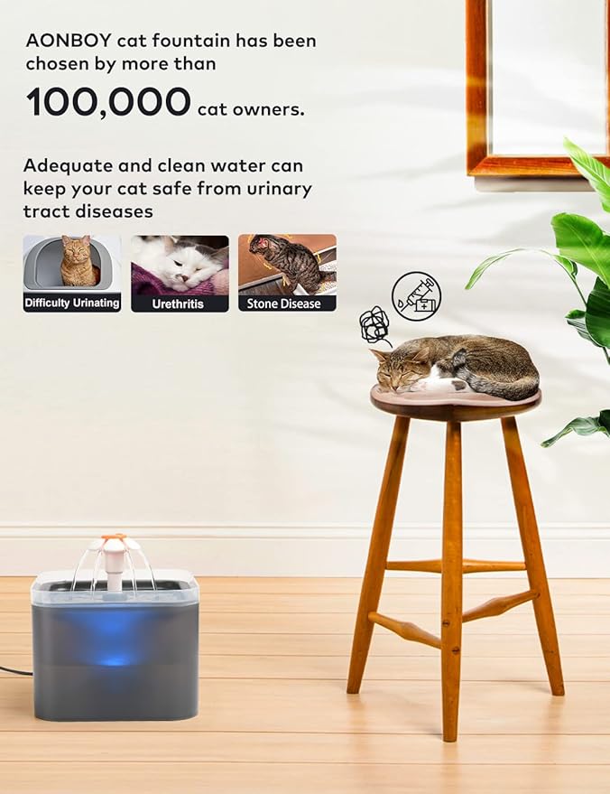 Cat Water Fountain Black Plastic: Cat Fountain Flower - Pet Water Fountain for Cats Indoor - 67oz/2L Small Cat Drinking Fountain with Led Light - Ultra Silent Water Fountain for Cats - AONBOY