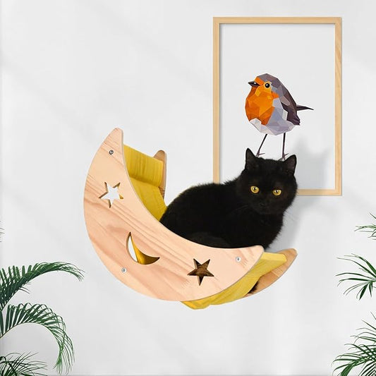 Cat Hammock Moon Bed Wall Mounted Shelf Cat Wall Shelves and Perches Solid Wood Cat Wall Furniture Cats Wall Bed for Cats and Kitty Easy Installation-Single Moon