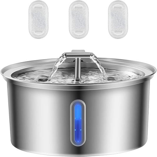 Cat Water Fountain Stainless Steel, 0.8gal/108oz Pet Water Fountain, 3 Replacement Filters, Automatic Cat Fountain with Quiet Pump Suitable for Cats, Dogs and Multi-pet households (Window)