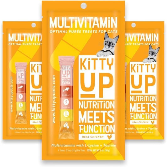 Lickable Cat Treat Pouches for Indoor Cats - All Natural Chicken Puree Tube Treats - Kitten and Senior Soft Wet Cat Food - Grain Free, Lysine, Taurine; 12 Tubes .05 oz ea.