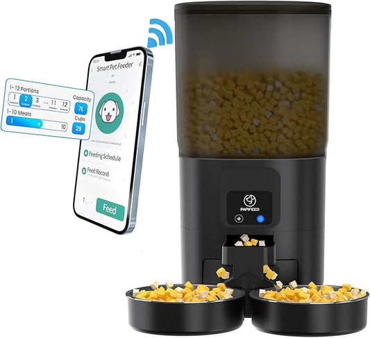 7L Automatic Cat Feeders for 2 Cats - 2.4G WiFi Timed Auto Feeder with APP Control for Remote Feeding, Cat Food Dispenser with Alexa, Detachable for Easy Clean, 1-10 Meals Per Day - Black