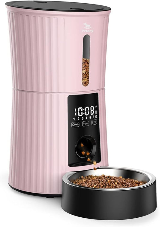 Petory Timed Automatic Cat Feeders - 4L Programable Dry Food Dispenser for Cats and Small Medium Dogs 6 Meals with Desiccant Bag Dual Power Supply 10S Voice Recorder