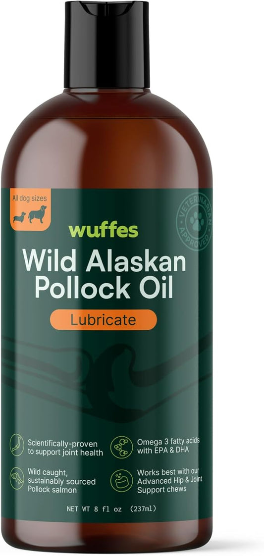 Wuffes Wild Alaskan Pollock Oil for Dogs - Natural EPA & DHA Fatty Acids, Omega 3 for Canines, Supports Healthy Skin and Coat, Joint Nutrition, and Immune System - 100% Pure Fish Oil for Pets - 8 Oz