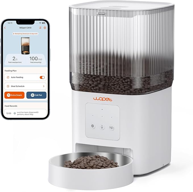 WOPET Automatic Cat Feeder, WiFi Automatic Dog Feeder with APP Control for Remote Feeding, Automatic Cat Food Dispenser with 10S Voice Record,1-10 Meals Per Day for Cats and Dogs