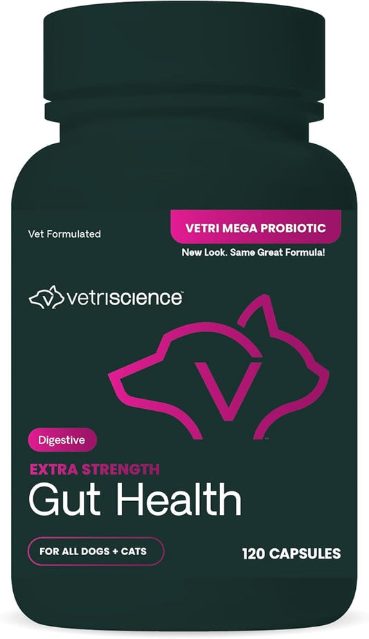 VetriScience Extra Strength Gut Health Probiotics for Dogs & Cats, Digestion Support, Gas & Diarrhea, Itchy Dogs, Cough, Immune Support, 7.5 Billion CFU Per Capsule, 120 Count