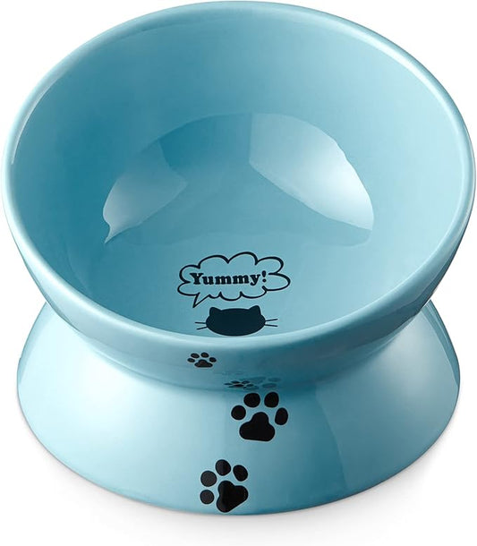 Y YHY Elevated Cat Food Bowl, Ceramic Raised Cat Bowl, Tilt Angle Protect Cat's Spine, Anti Vomiting Cat Dish, Backflow Prevention, Lake Blue
