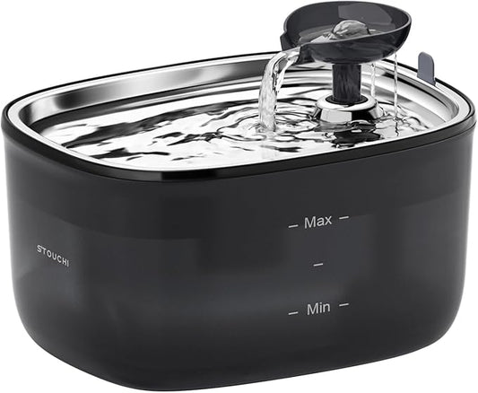 Stouchi Cat Water Fountain 85oz/2.5L, Stainless Steel Pet Water Fountain for Cats Dogs Inside with Led Light, Ultra-Quiet Cat Water Dispenser Bowl, Cat Waterer Fountain for Multiple Pets, Black