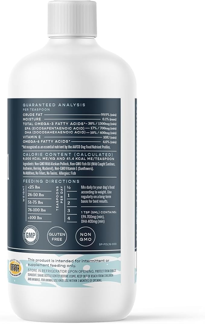 Fera Pet Organics Fish Oil with Wild Caught Fishes for Dogs and Cats' Skin Immune System and Brain Function, Vet Created, Omega 3 Fish Oil with Vitamin E for Pets, 16oz, 96 Servings