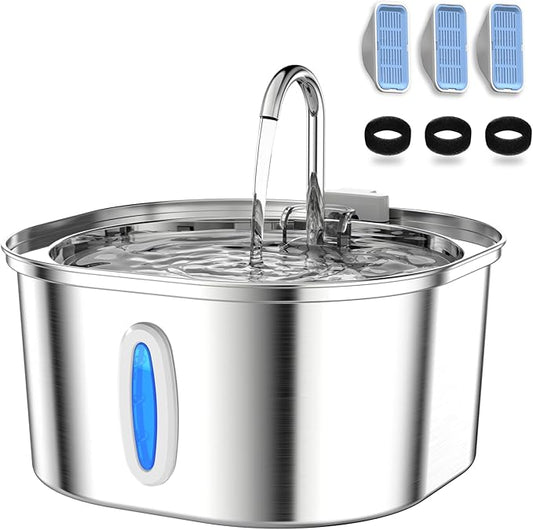 Cat Water Fountain - 3.2L/108oz Stainless Steel Pet Water Drinking Fountain for Cats Indoor, Dog Water Fountain with Water Level Window and 3 Filters + 3 Sponges