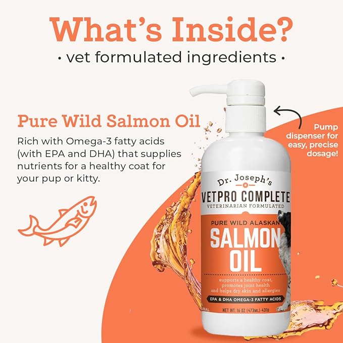 VetPro Complete Pure Wild Alaskan Salmon Oil Supplement for Dogs & Cats, 16 Ounces, Omega 3 & 6 Liquid Fish Oil, EPA + DHA Fatty Acids, Coat & Joint Support, Helps Dry Skin & Allergies, Add to Food