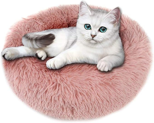 otoez Round Donut Dog Bed for Medium Dogs, Washable Calming Dog Bed Cuddler Anti Anxiety Fluffy Dog Cat Bed with Non-Slip Waterproof Bottom (27.6", Pink)
