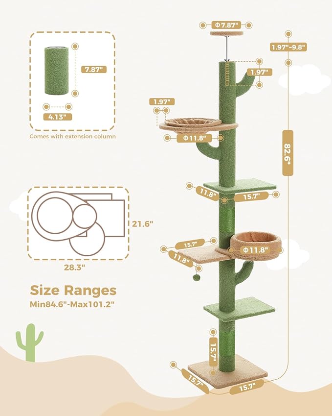 PETEPELA Floor to Ceiling Cat Tree [87"-100"] Height Adjustable, 5 Levels Cactus Cat Tower with Cat Perch&Replaceable Hammock(Visible Acrylic Bowl), 4.1" Super Robust Cat Scratcher Green