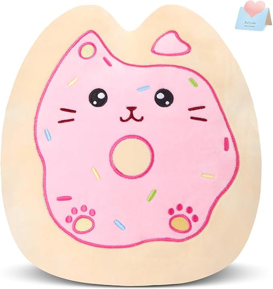 12" Sprinkle Donut Plush Pillow, Pink Cat Plush Kitten Stuffed Animal Squishy Plush Toy Cat Throw Pillow Donut Party Supplies Decorations for Kids Girls
