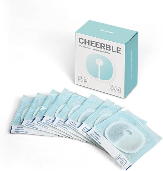 Cheerble Replacement Filters for Cheerble E1+ & E1 Pumpless Cat Water Fountain, Six to Eight Months Set of Replacement Filters for Ultra Quiet Pet Water Fountain, White, 8 Count (Pack of 1)