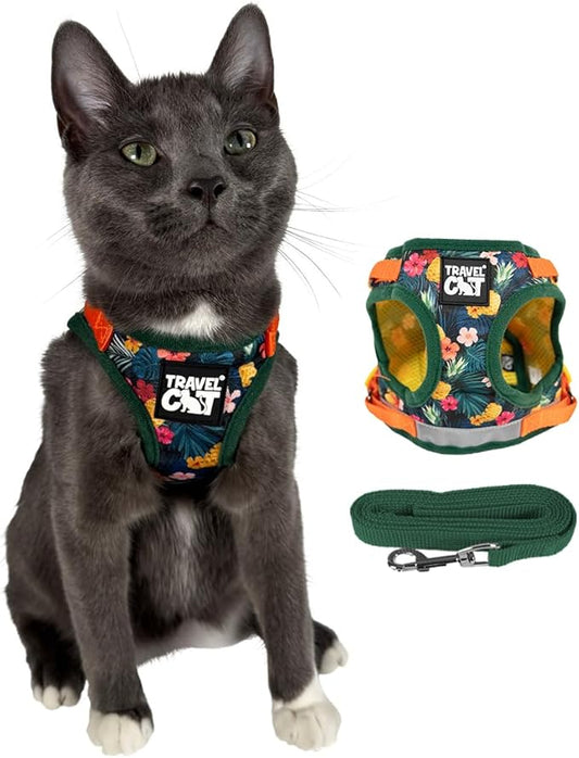 Travel Cat Harness and Leash Set - Adjustable Fit Mesh Cat Harness and Reflective Strap - Comfort Escape Proof Harness for Cats, Kitten for Outdoor Walking, Hiking (Small, Hawaiian)
