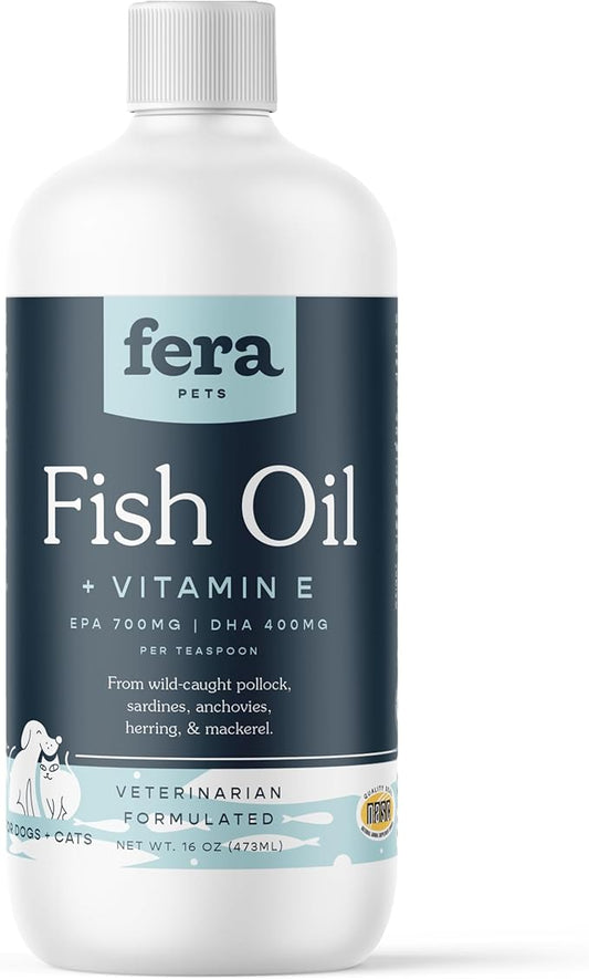 Fera Pet Organics Fish Oil with Wild Caught Fishes for Dogs and Cats' Skin Immune System and Brain Function, Vet Created, Omega 3 Fish Oil with Vitamin E for Pets, 16oz, 96 Servings