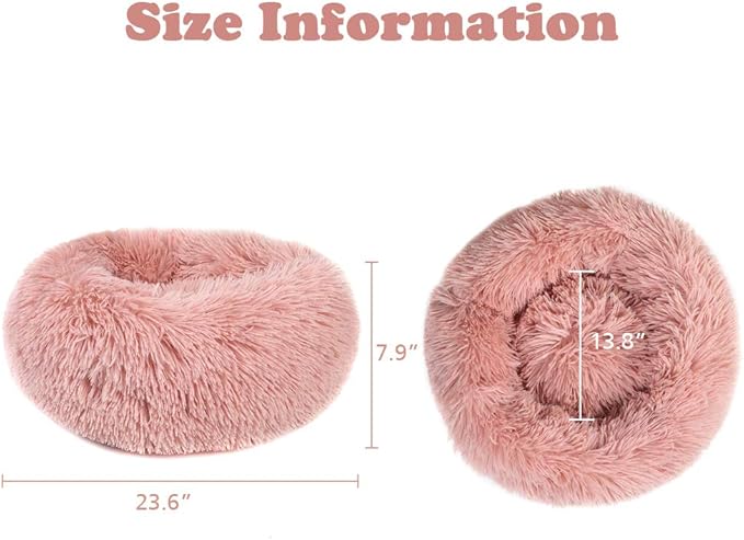 otoez Round Donut Dog Bed for Small Dogs, Washable Calming Dog Bed Cuddler Anti Anxiety Fluffy Dog Cat Bed with Non-Slip Waterproof Bottom (23.6", Pink)