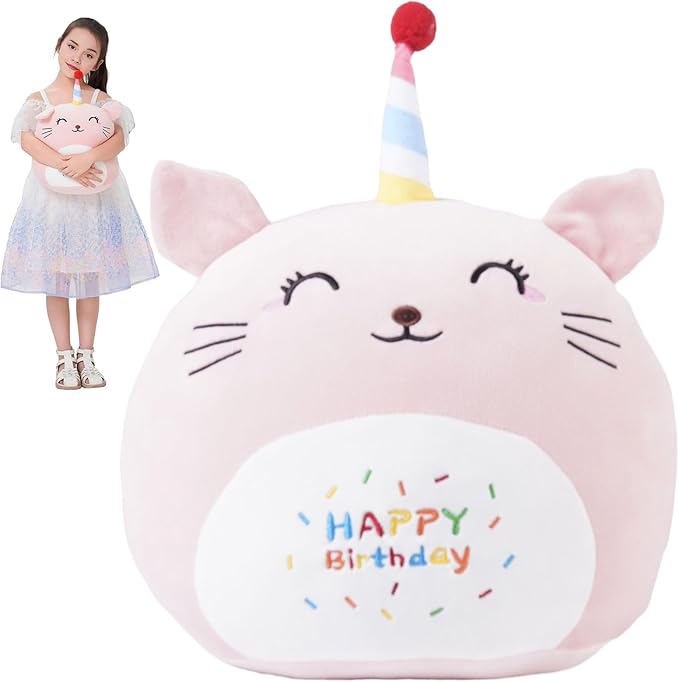 12 Inch Plush Birthday Cat Kitty Stuffed Animal Happy Birthday Cat Hugging Pillow Birthday Cat Plushies Throw Pillow Birthday Pink Cat Kitten Anime Gift for Kids and Lovers