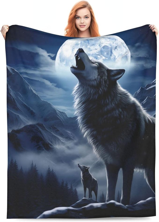 Snowy Mountain Wolf Blanket Gifts Moonlit Night Wolves Flannel Throw Blankets for Home Decor Couch Bed Sofa Soft Fuzzy Lightweight for All Season 60x50 Inches