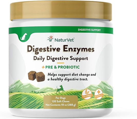 NaturVet – Digestive Enzymes - Plus Probiotics & Prebiotics – Helps Support Diet Change & A Healthy Digestive Tract – for Dogs & Cats (Soft Chews, 120 Count)