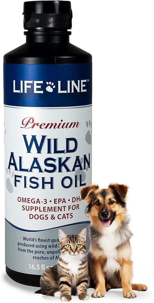 Life Line Pet Nutrition Wild Alaskan Fish Oil Omega-3 Supplement for Skin & Coat – Supports Brain, Eye & Heart Health in Dogs & Cats, 16.5oz