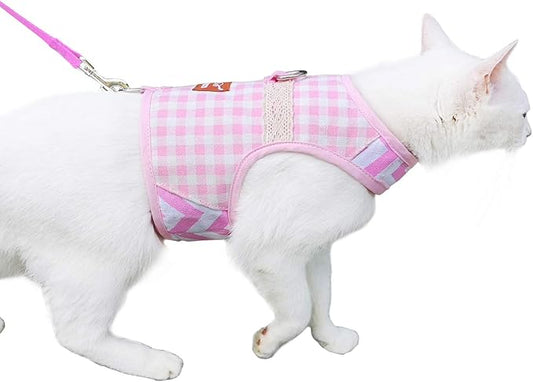 Cat Harness and Leash for Walking Escape Proof, Adjustable Cat Vest Harness, Padded Stylish Cat Walking Jackets, Pink Plaid, Small