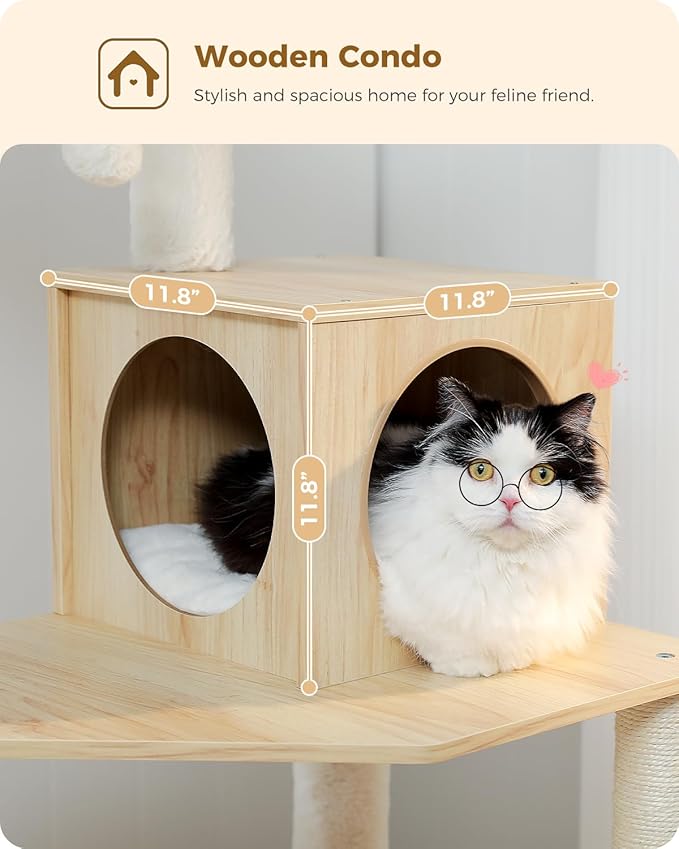 PETEPELA Wood Cat Tree for Indoor Cats Multi-Level Tower with Sisal Covered Scratching Posts, Cozy Condo, Super Large Hammock and Plush Perches Faux Rabbit Milk Fur Beige Rabbit Fur Wood Beige