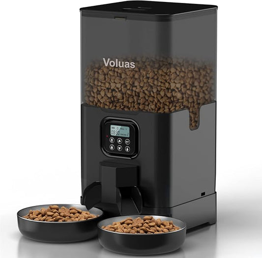 Voluas Automatic Cat Feeder for Two Cats, Double Pet Feeder with 2 Stainless Steel Bowls,6L Timed Cat Feeder with Memory Function, Pet Food Dish