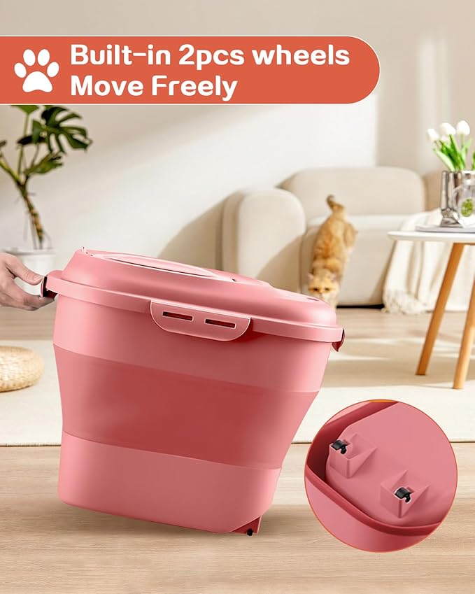 ANVS Dog Food Storage Container - Collapsible Dog Food Container with Airtight Lids, Scoop and 2.5L Small Pet Food Storage Container Dry Food For Dog, Cat and Other Pet Food (Pink, 30 lbs)