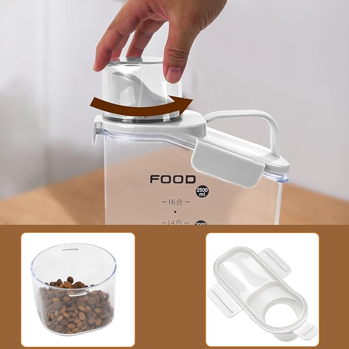 Dog Food Storage Container 3-4lbs, Pet Food Container with Airtight Pour Spout, Cat Food Storage Container with Measuring Cups, Portable Pet Food Container for Dogs, Cats, Birds（White）