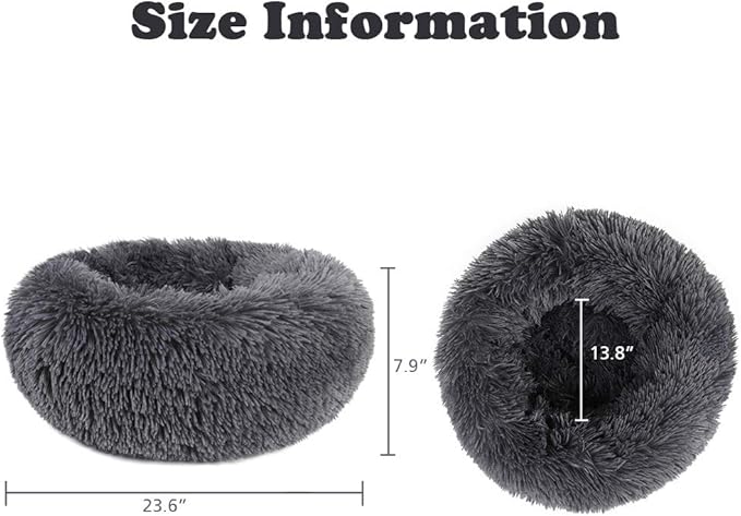 otoez Round Donut Dog Bed for Small Dogs, Washable Calming Dog Bed Cuddler Anti Anxiety Fluffy Dog Cat Bed with Non-Slip Waterproof Bottom (23.6", Dark Grey)