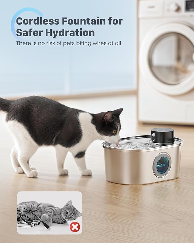 Wireless Cat Water Fountain: Battery Operated Stainless Steel Pet Fountain, Automatic Cordless Water Dispenser Indoor, Metal Faucet Bottle for Drinking, Rechargeable Dog Water Bowl with 1 Filter