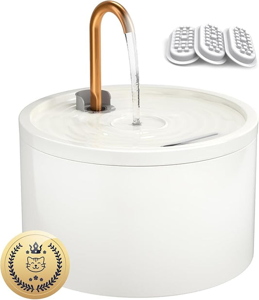 Ceramic Cat Water Fountain, 2.1L/71oz Pet Fountain, Automatic Ceramic Drinking Fountain for Cats, Water Fountain Indoor with Ultra-Quiet Pump and Filter & Sponge (White)