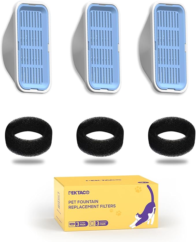Cat Water Fountain Filters Replacement & Pre-Filter Sponges for 3.2L/108oz Automatic Pet Fountain, Dog Water Dispenser (3 Filters+3 Sponges)
