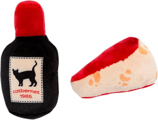 Pearhead Pet Cheese and Wine Plush Cat Toys, Set of 2, Valentine's Day Dog Toys, Wine and Cheese Catnip Toys, Crinkle Cat Toys, Cat Owner Valentine's Day Keepsake