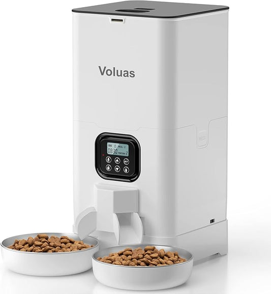 Voluas Automatic Cat Feeder for Two Cats, Double Pet Feeder with 2 Stainless Steel Bowls,6L Timed Cat Feeder with Memory Function, Pet Food Dish