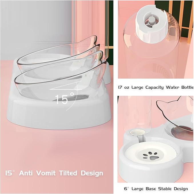 Marchul Raised Three Cat Dishes for Food and Water, Pet Feeding Bowls with Automatic Water Bottle