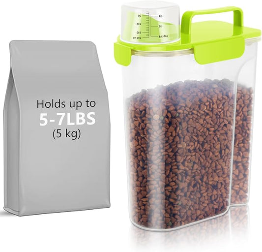 5-7Lbs Dog Cat Storage Container Portable with Upgraded Large Spout and Cup,Plastic Pet Food Dispenser for Small Animal Kibble, Bird Bird Seed,Oatmeal,Rice,flour,brown sugart-Grass Green