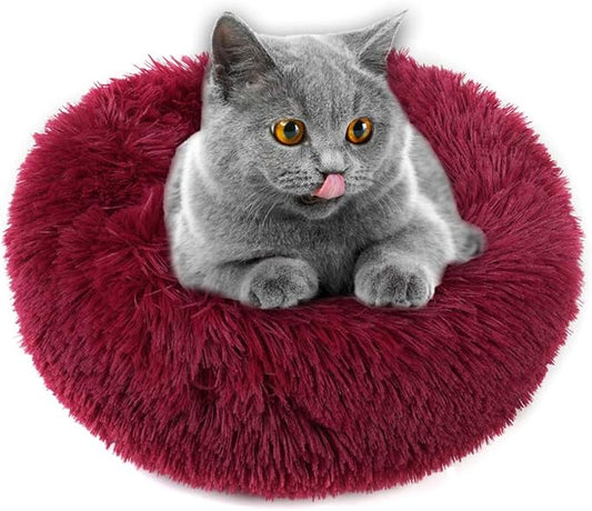 otoez Kitten Puppy Bed Extra Small XS Round Dog Cat Beds Anti Anxiety Plush Pet Calming Donut Bed with Non-Slip Waterproof Bottom, Washable (15.7", Dark Red)